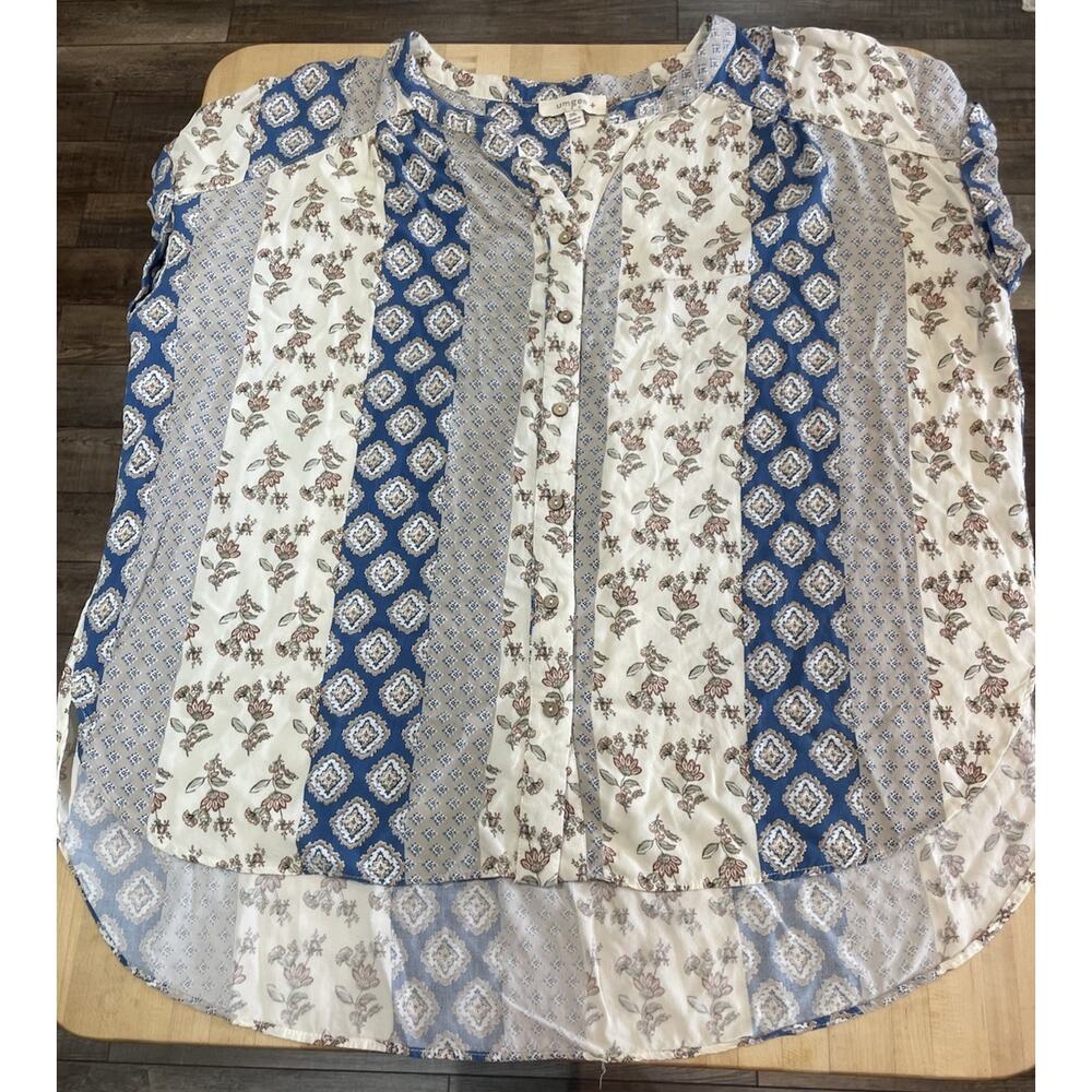 Umgee All Over Patterned Floral Hi Low Button Down Cap Sleeve Top 2X Boho Beach